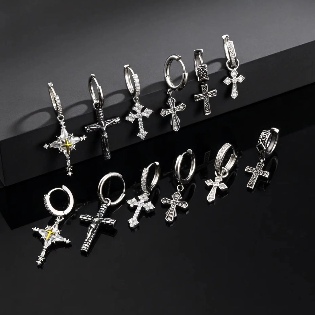 Jesus Cross Textured Dangle Earrings — Stainless Steel