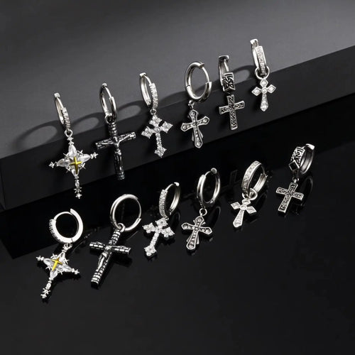 Classic Texture Cross Pendant Earrings for Men, Stainless Steel Jesus Drop Dangle Earrings, Unique Religious Ear Jewelry Gifts