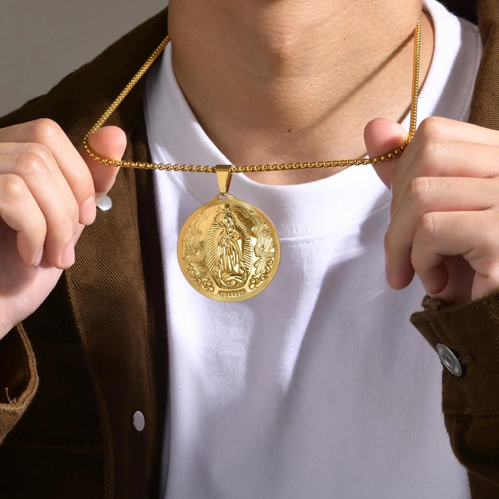 Vnox Gold Color Virgin Mary Pendant Necklaces for Men Women,Stainless Steel Metal Mother Mary Collar Religious Gifts