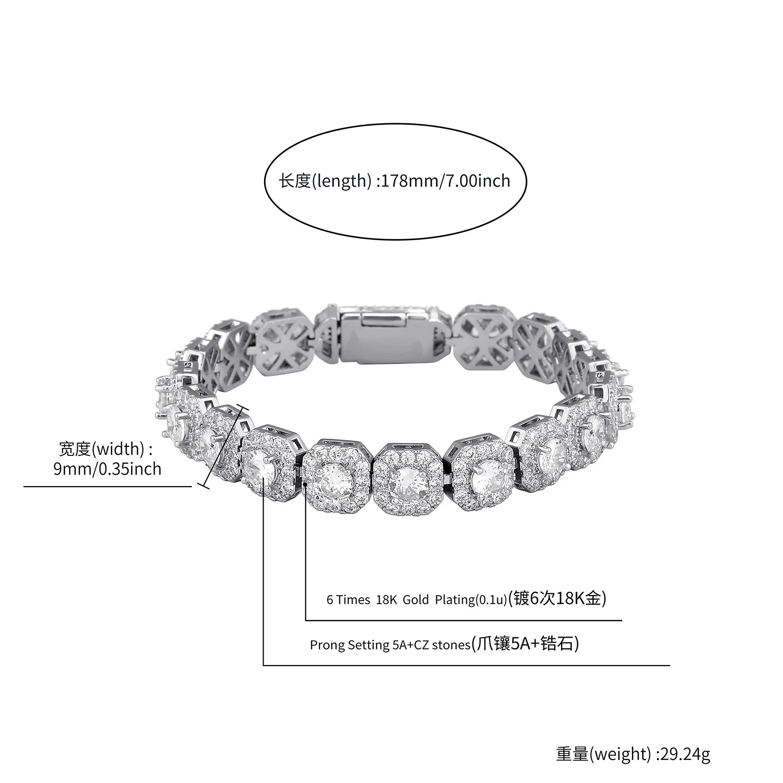 TOPGRILLZ 10mm Iced Out Full 5A Cubic Zirconia Square Charm Bracelet Bling CZ Tennis Chain With Box Clasp For Men Women Jewelry
