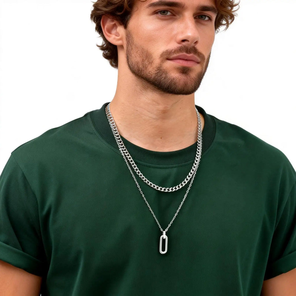 Stylish Geometry Layering Necklaces for Men Women,Silver Color Stainless Steel Rectangle Pendant Neacklace,Birthday