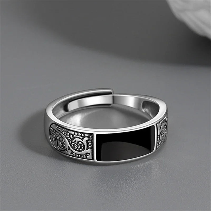 Trendy 925 Sterling Silver Ring For Men Jewelry Black Rectangle Retro Dragon Pattern Ring Male Infex Finger Accessories