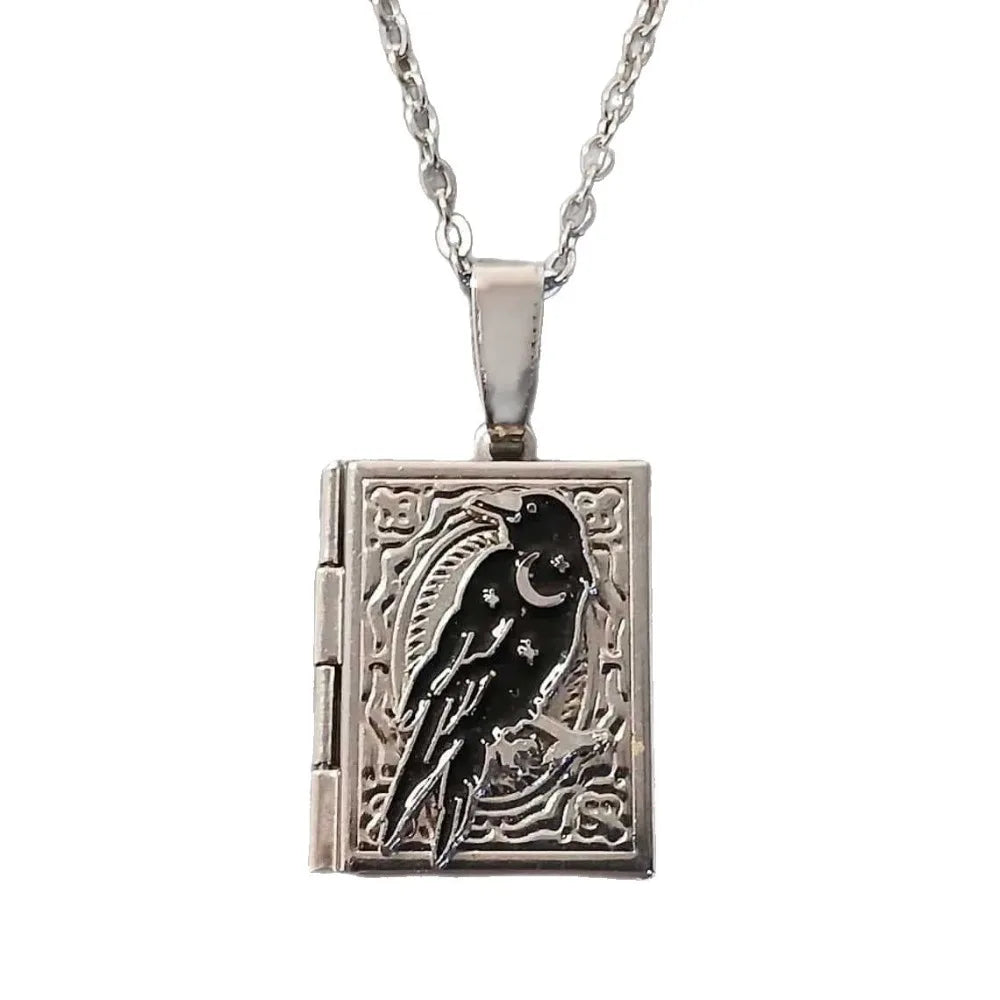 Trendy Exquisite Carving Moon Black Crow Photo Box Pendant Necklace for Men Women Hallowmas Goth Vampire Stainless Steel Jewelry