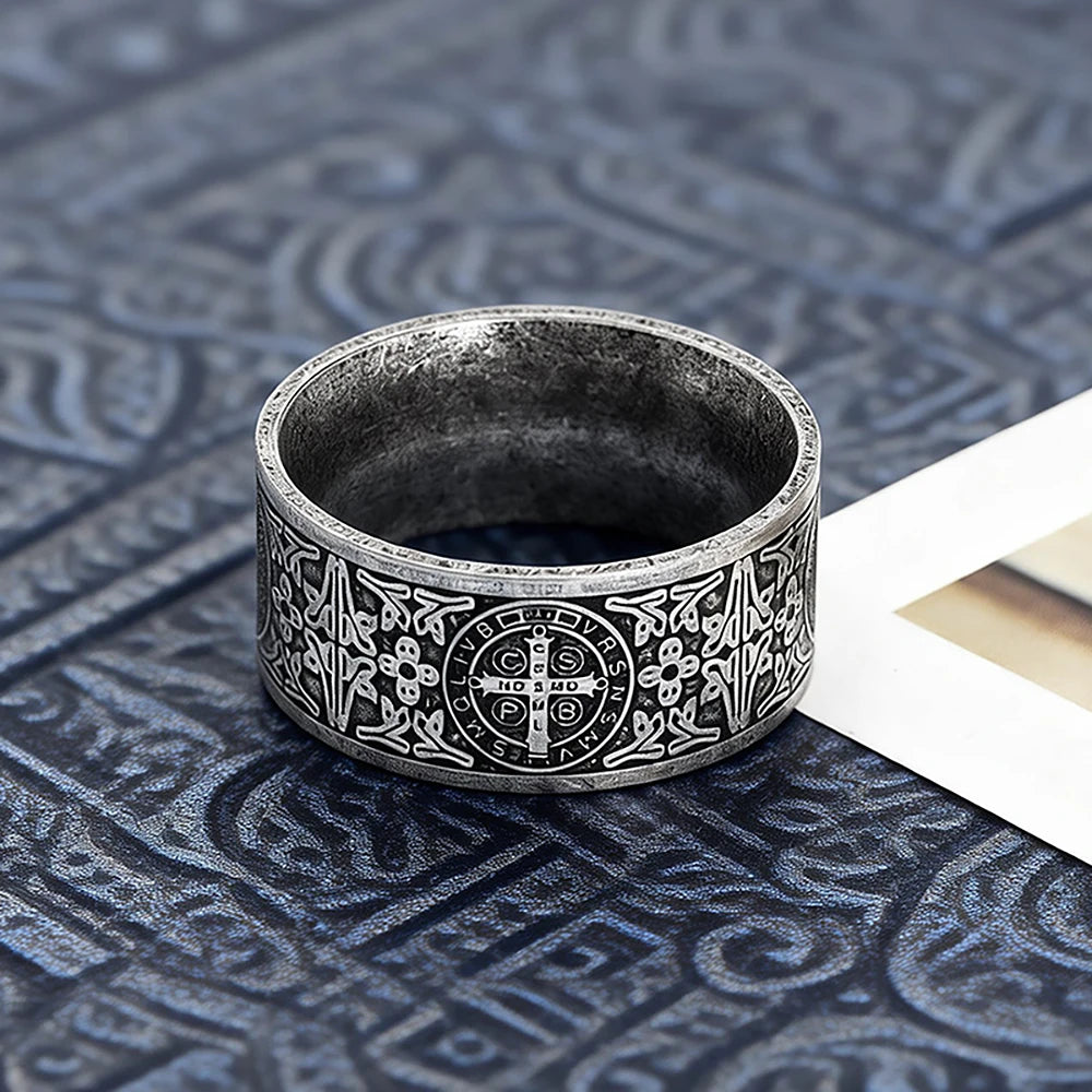 Saint Benedict Exorcism CSPB Cross Ring 316L Stainless Steel Punk Hip Hop Jewelry For Men Creative Gifts