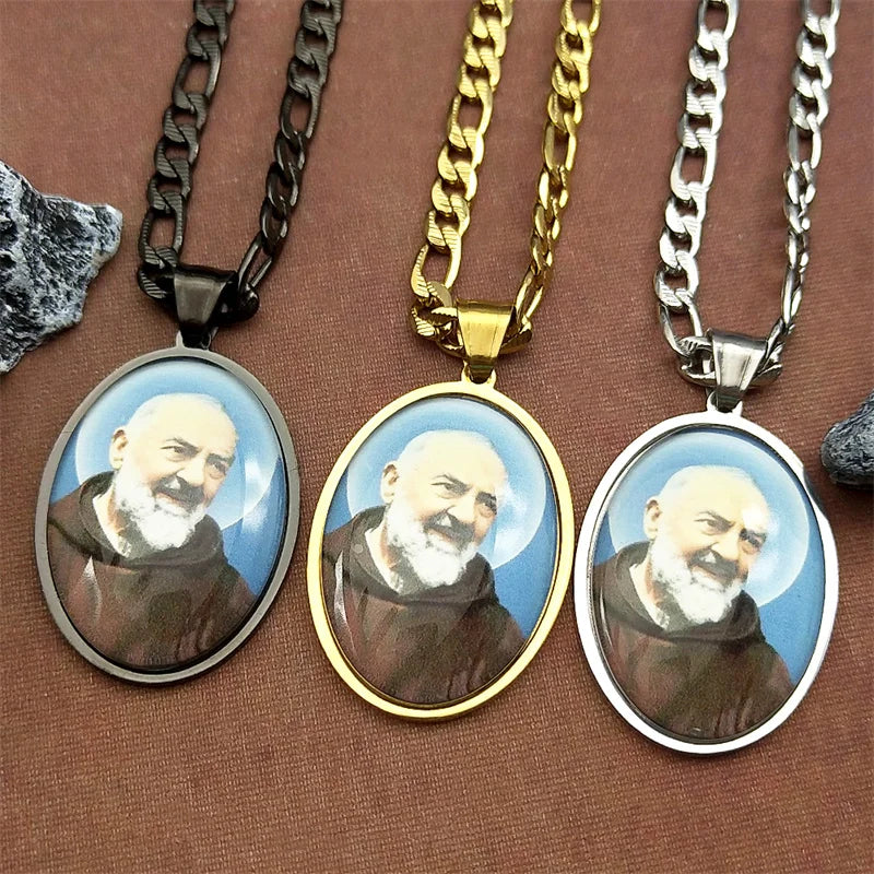 Catholic Padre Pio Saint Father Glass Medal Pendant Necklace for Women Men Stainless Steel Gold Color Religious Amulet Jewelry
