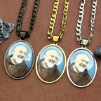 Catholic Padre Pio Saint Father Glass Medal Pendant Necklace for Women Men Stainless Steel Gold Color Religious Amulet Jewelry