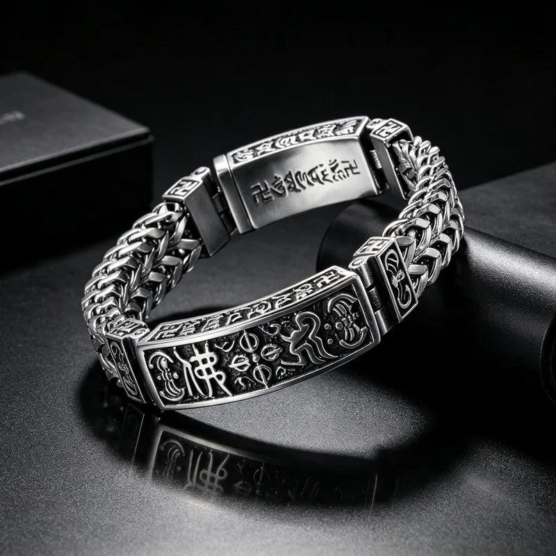 Vintage Men Stainless Steel Buddhist Motifs Bracelet Retro Pattern Link Chain Wrist Bangle Fashion Male Daily Jewelry