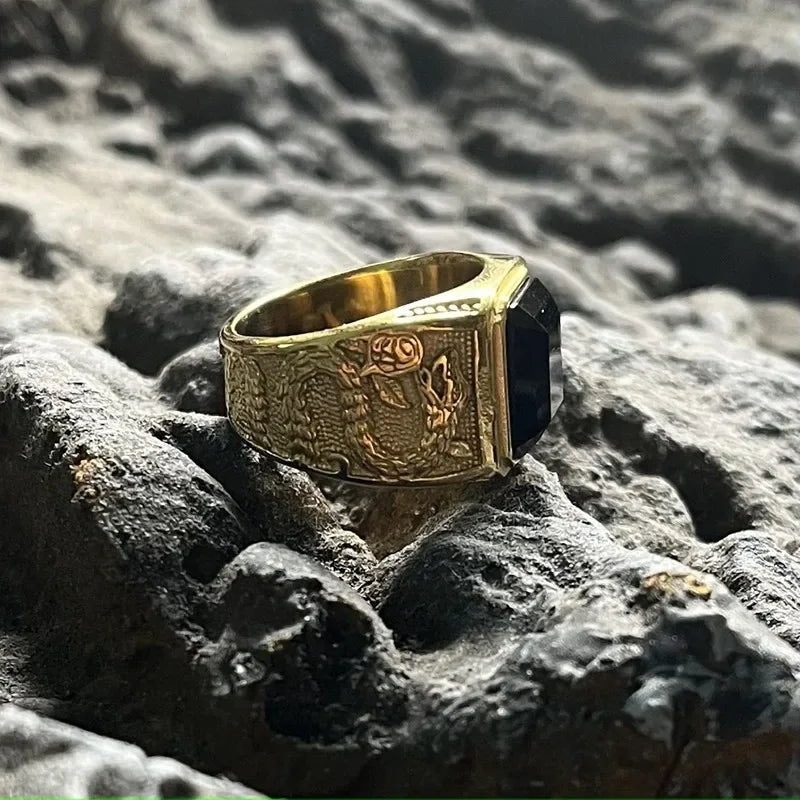Viking Black Stone Vintage 316L Stainless Steel Ring Snake Pattern Gold Color Unisex Punk Gift For Men Classic Jewelry