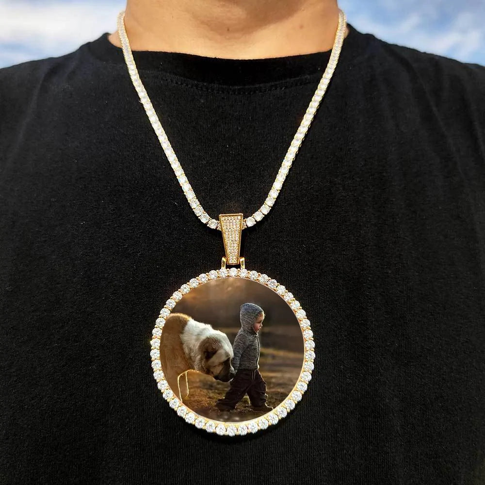 ESKEEM Big Circle Photo Medallions Chain Pendant Iced Out Men Hip Hop Memory Picture Pendant Jewelry Christmas Gift