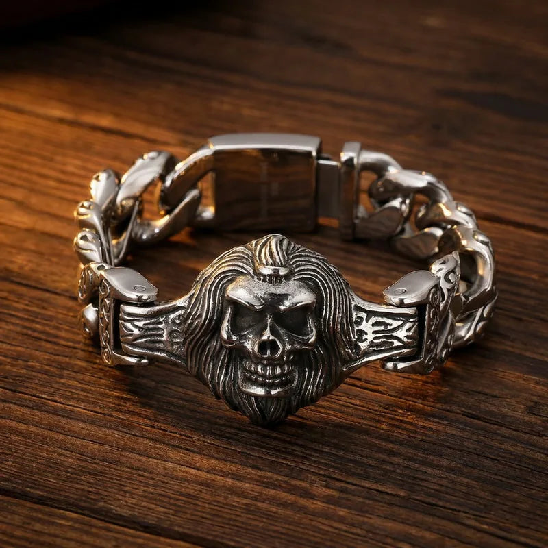 Massive Vintage Skull Wolf Head Cuff Man Bracelet for Men Gothic Punk Stainless Steel Bangle Heavy Metal Jewelry
