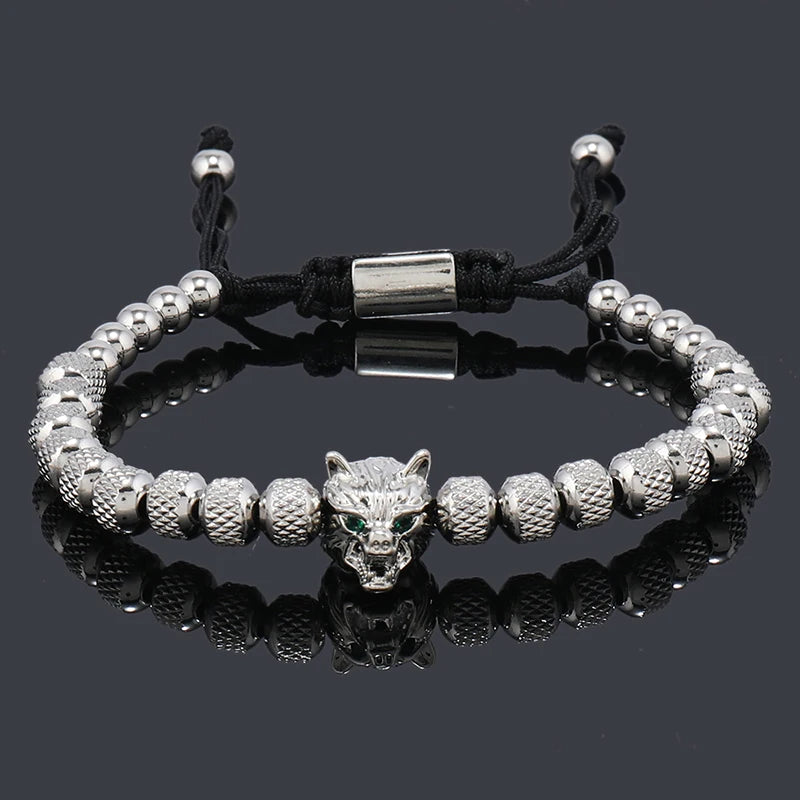 Luxury Stainless Steel Beads Wolf Charms Man Bracelets Woman Hand Jewelry Couple Gift