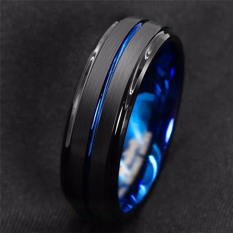 Fashion 8mm Men's Black Tungsten Wedding Band Rings Blue Groove Beveled Edge Knuckle Ring For Boyfriend Father's Day