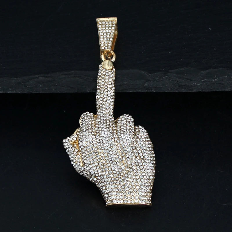 Hip Hop Big Polite Gesture Middle Finger Pendant Necklace with 11mm Crystal Cuban Chain HipHop Iced Out Necklaces Men
