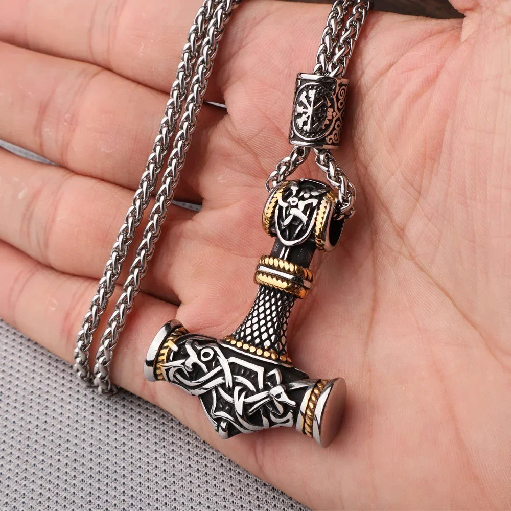 Multi Style Beaded Viking Thor's Hammer Pendant Necklace Stainless Steel Necklace Men Biker Mjolnir Amulet Jewelry