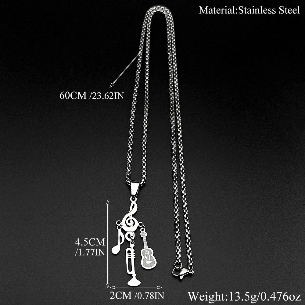 Treble Clef Pendant Necklace For Musicians Music Note Guitar Trumpet Charms Stainless Steel Chain Rock Hiphop Jewelry