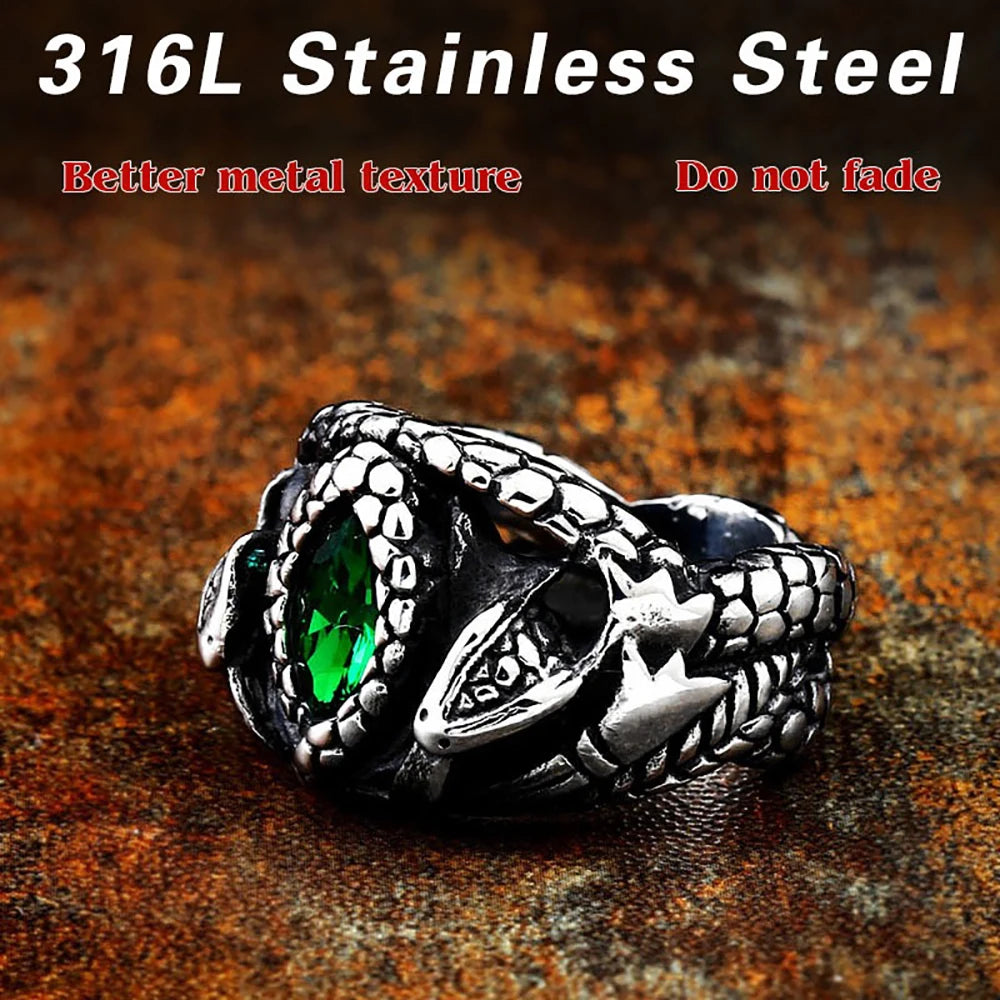 Vintage 316L Stainless Steel Aragorn II Barahir Snake Rings With Green Stone Eye For Men Women Fashion Punk Jewelry Dropshipping