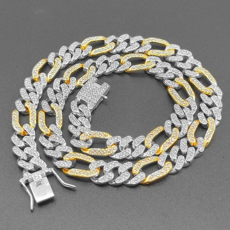 3:1 Figaro Link Chain Choker Necklace For Men Women 2tone Gold Silver Color Iced Out Rhinestones Miami Cuban Hip Hop
