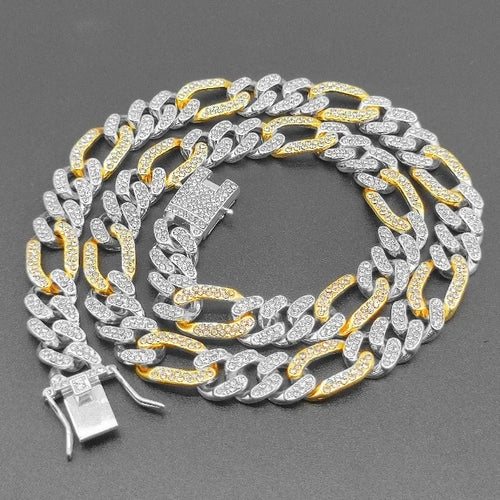 3:1 Figaro Link Chain Choker Necklace For Men Women 2tone Gold Silver Color Iced Out Rhinestones Miami Cuban Hip Hop