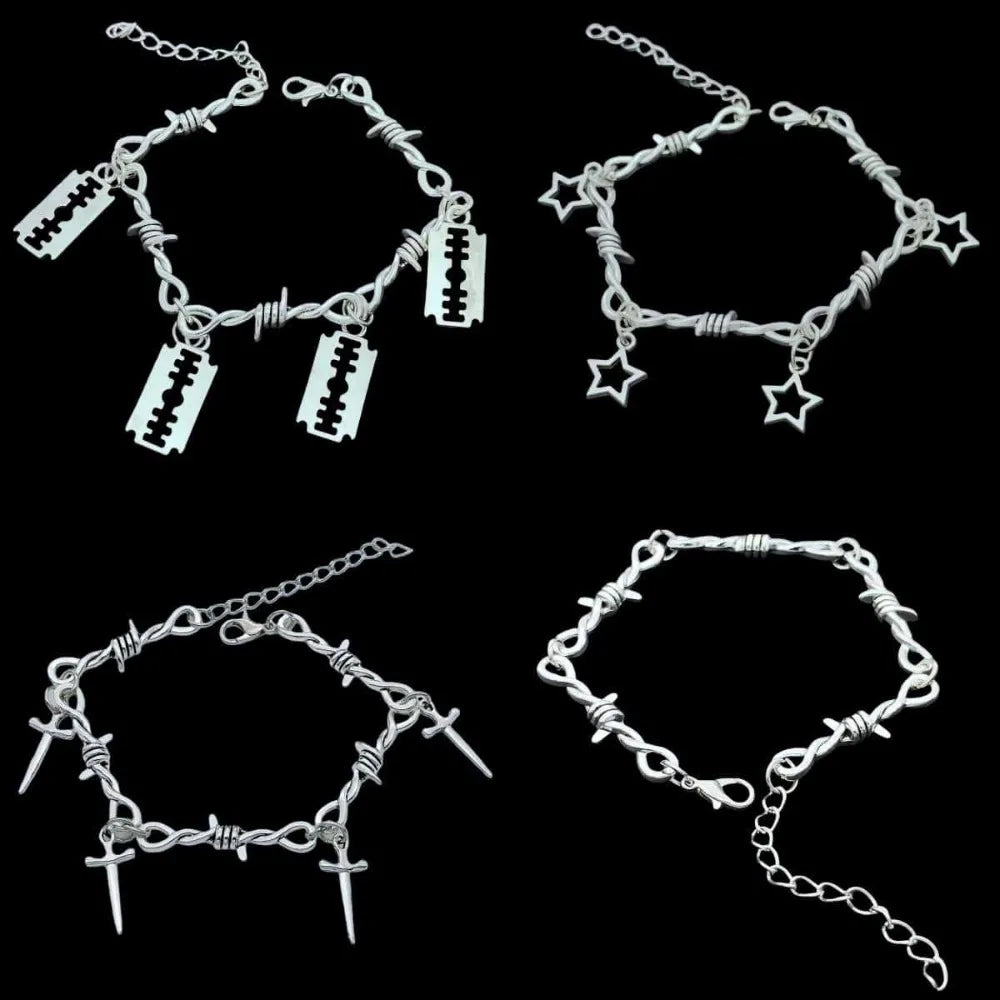 Silver Star Sword Pendant Thorn Chain Bracelet