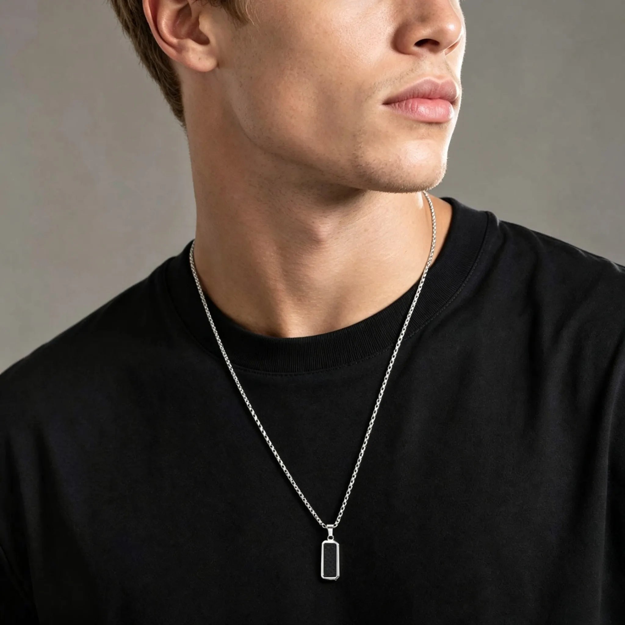 Square Dog Tag Pendant Necklace — Black Stainless Steel