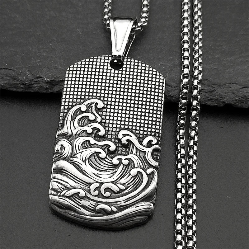 Geometric Two-Tone Pendant Sea Wave Dog Tag