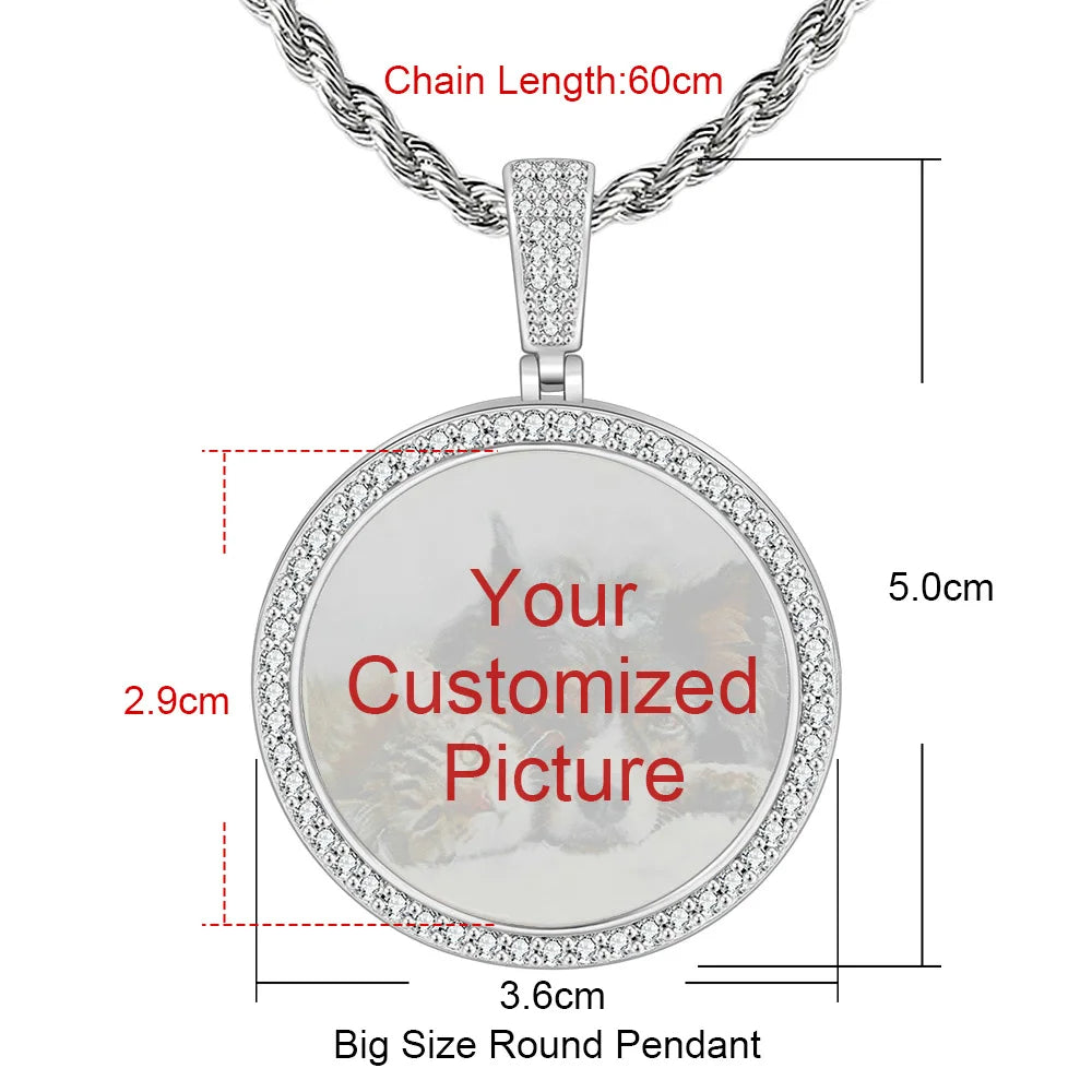 Large Round Photo Customized Pendant Necklace For Women Men Full Zirconia Neck Chain Hiphop Jewelry Memory Couple