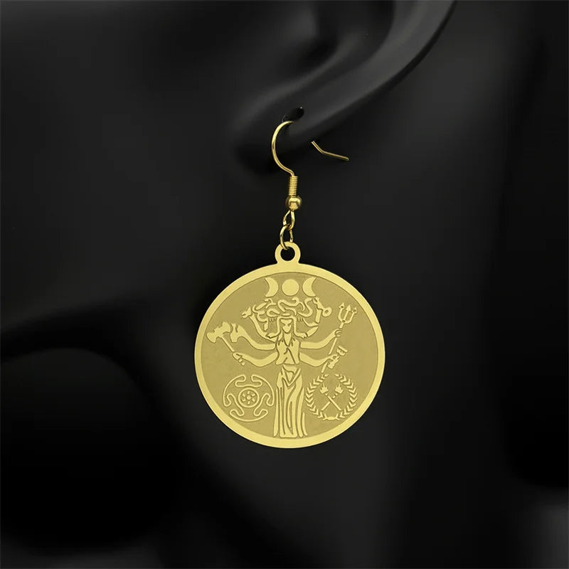 Snake Trident Gold Earrings Wicca Triple Moon