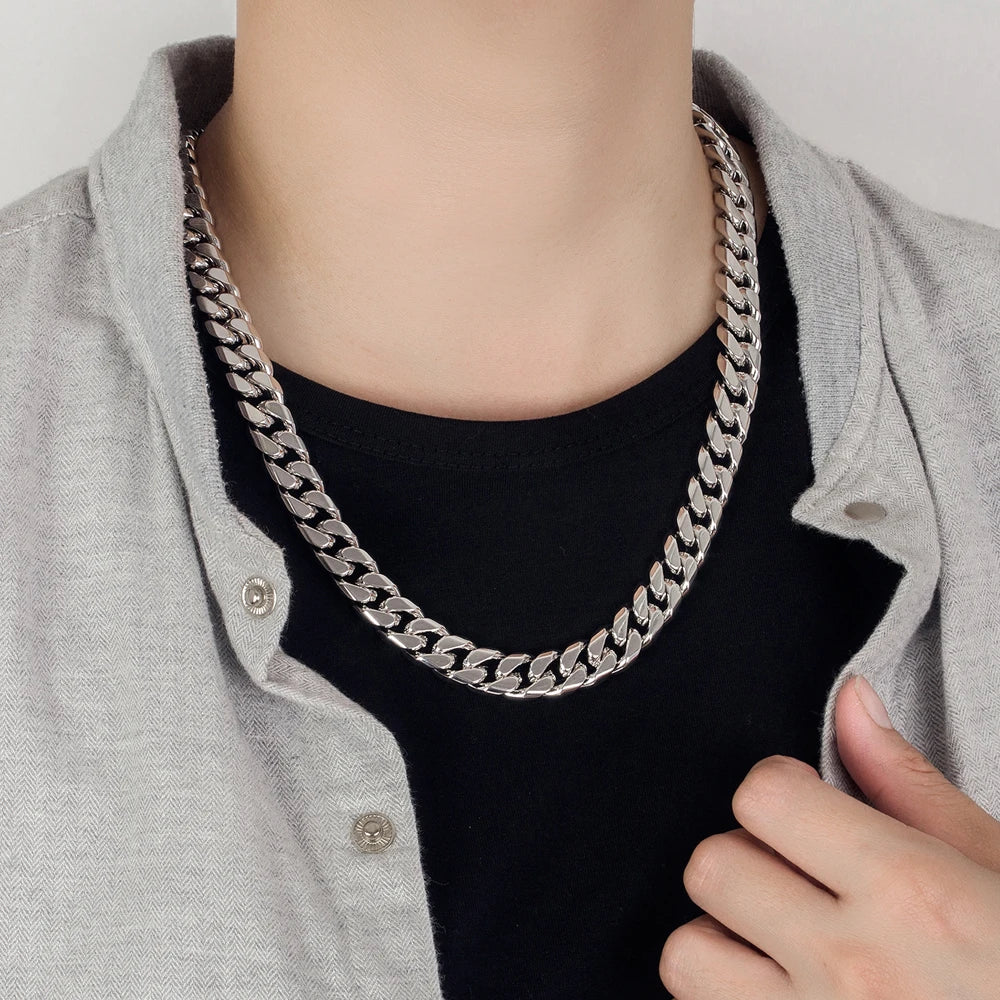 Hip Hop Punk 12mm Curb Cuban Chain Necklaces For Men 925 Sterling Silver Link Chain Chokers Solid Silver Metal on Neck Jewelry