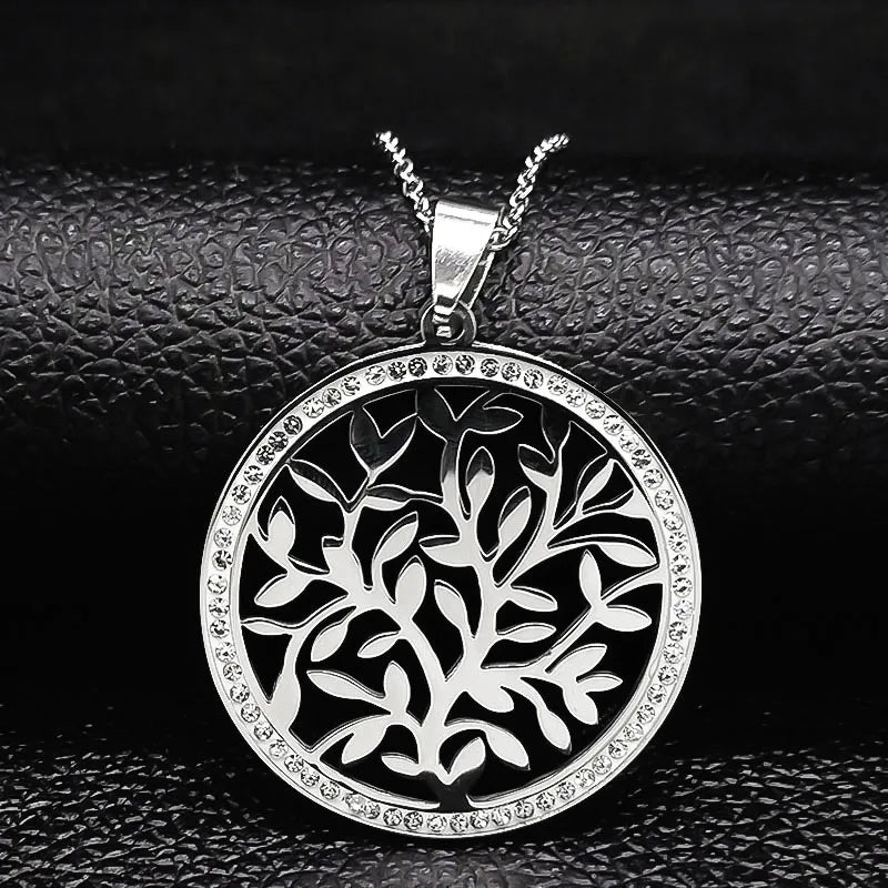 Iced Out Tree of Life Silver Necklace — Stainless Steel
