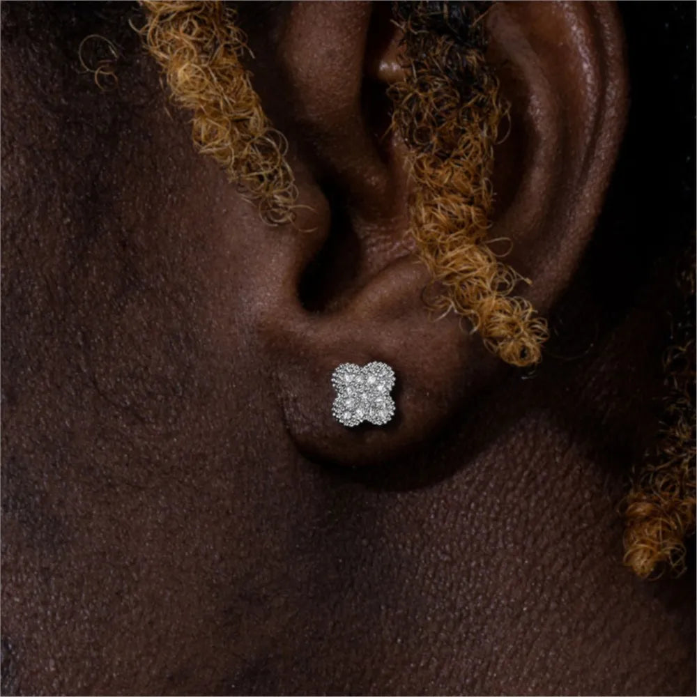 Silver Iced Out Four Leaf Clover Stud Earrings