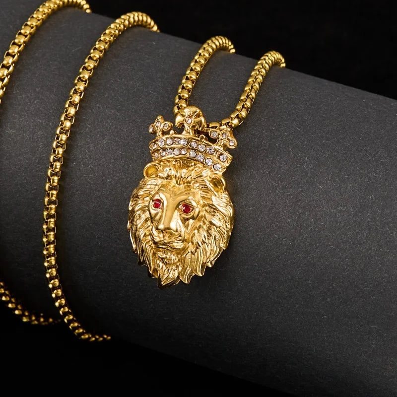 Lion Head Crown Pendant Necklace — Iced Out, Stainless Steel