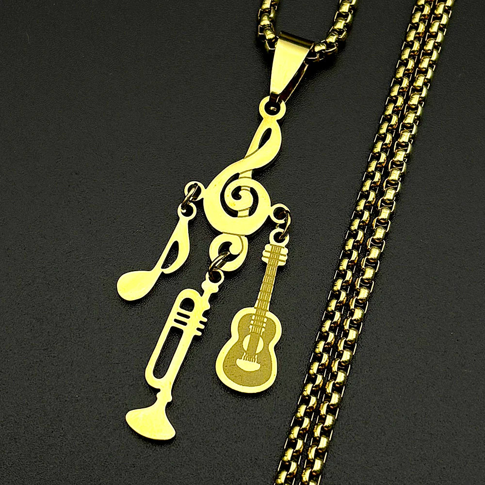 Treble Clef Pendant Necklace For Musicians Music Note Guitar Trumpet Charms Stainless Steel Chain Rock Hiphop Jewelry