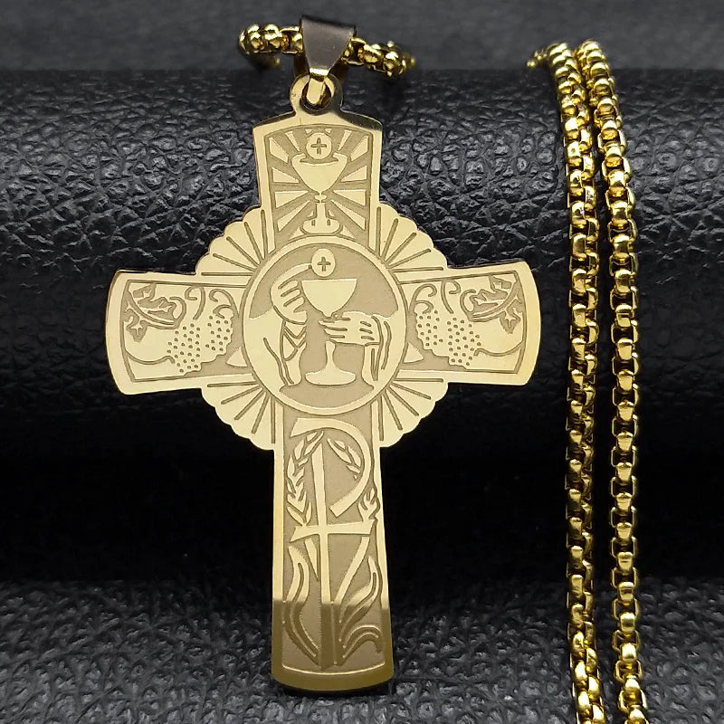 Christian Christ Eucharist Halo Grape Juice Cross Necklace Stainless Steel Men Women Catholic Holy Spirit Church Chain