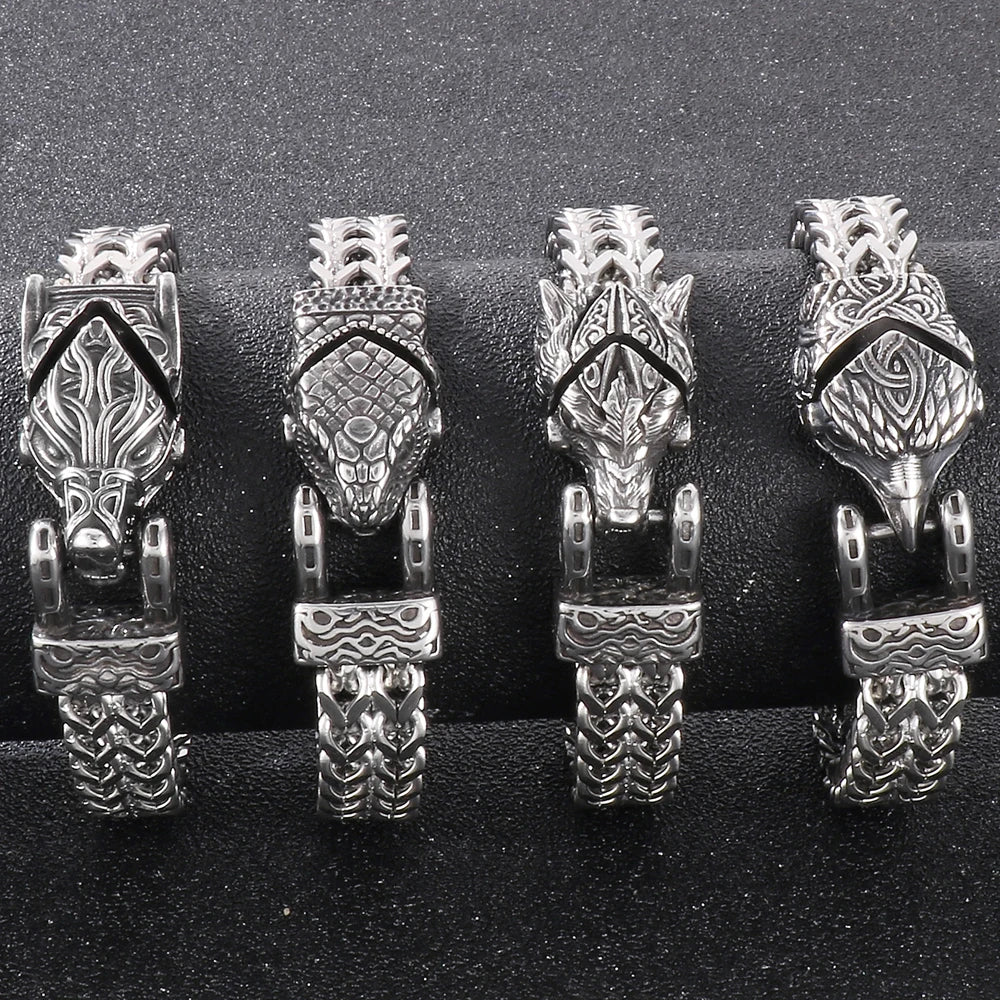 Nordic Viking Jewelry Man Bracelet With Snake Owl Wolf Head Solid Stainless Steel 12MM Mesh Link Chain Men's Bracelets