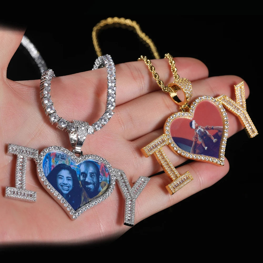 Iced Out Heart Photo Pendant Necklace