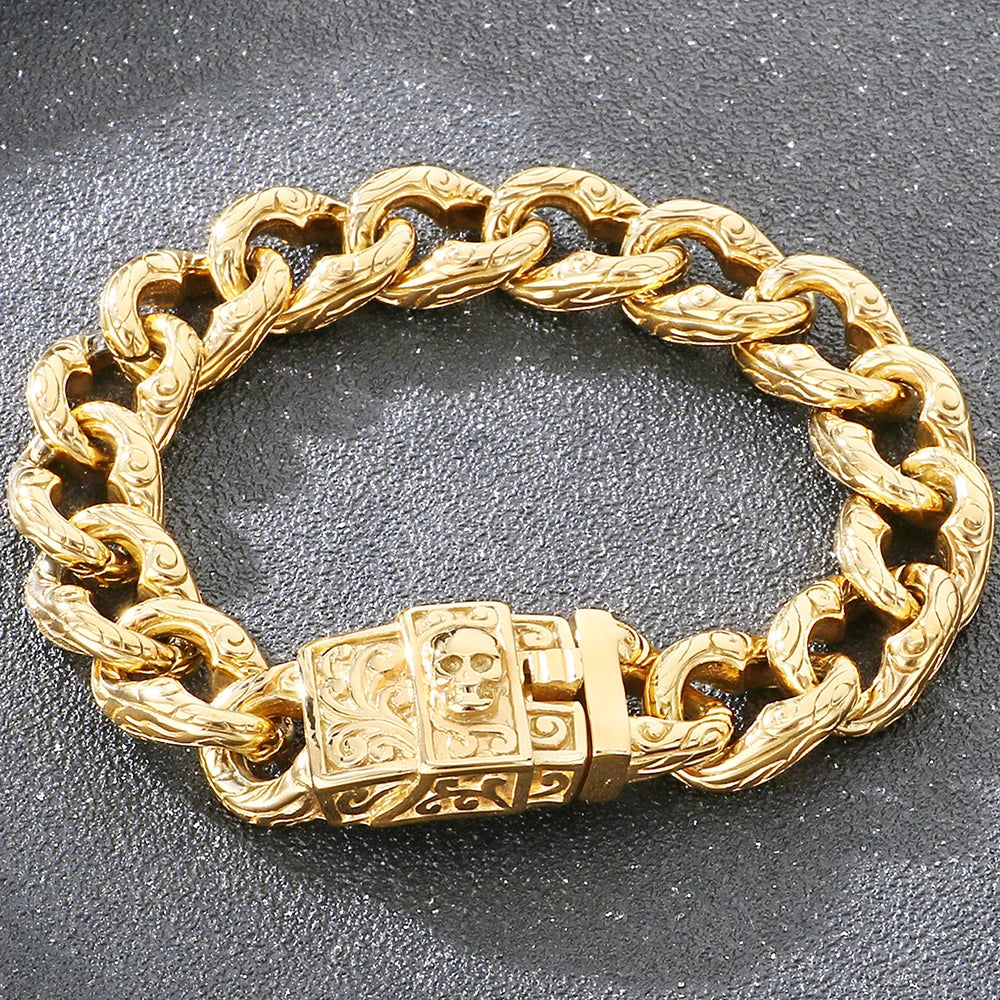 Punk Skeleton Jewelry Vintage Cuban Link Chain Bracelet for Man With Skull Head Clasp 316L Stainless Steel Bracelets