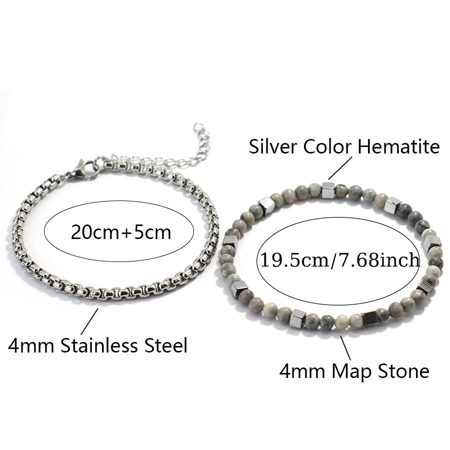 Punk 2Pcs/set Natural Stone Bracelet Men Stainless Steel Chain Tiger Eyes Hematite Beaded Braslet Cool Boyfriend Gifts For Him