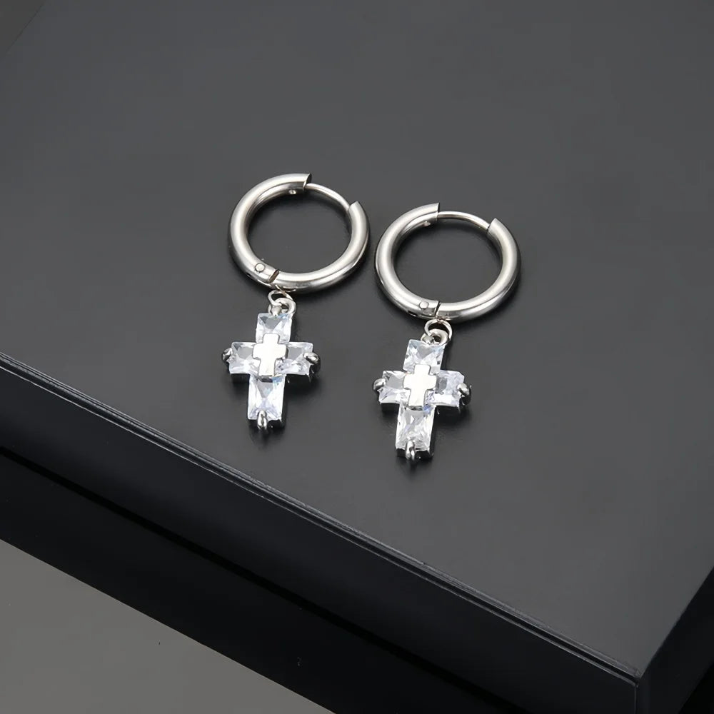 Retro Crystal Zircon Cross Drop Earrings — Silver-Tone
