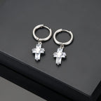 Retro Crystal Zircon Cross Drop Earrings — Silver-Tone