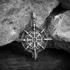 Mens Viking Compass Necklaces Stainless Steel Double-sided Norse Runes Trident Pendant With Genuine Leather Chain