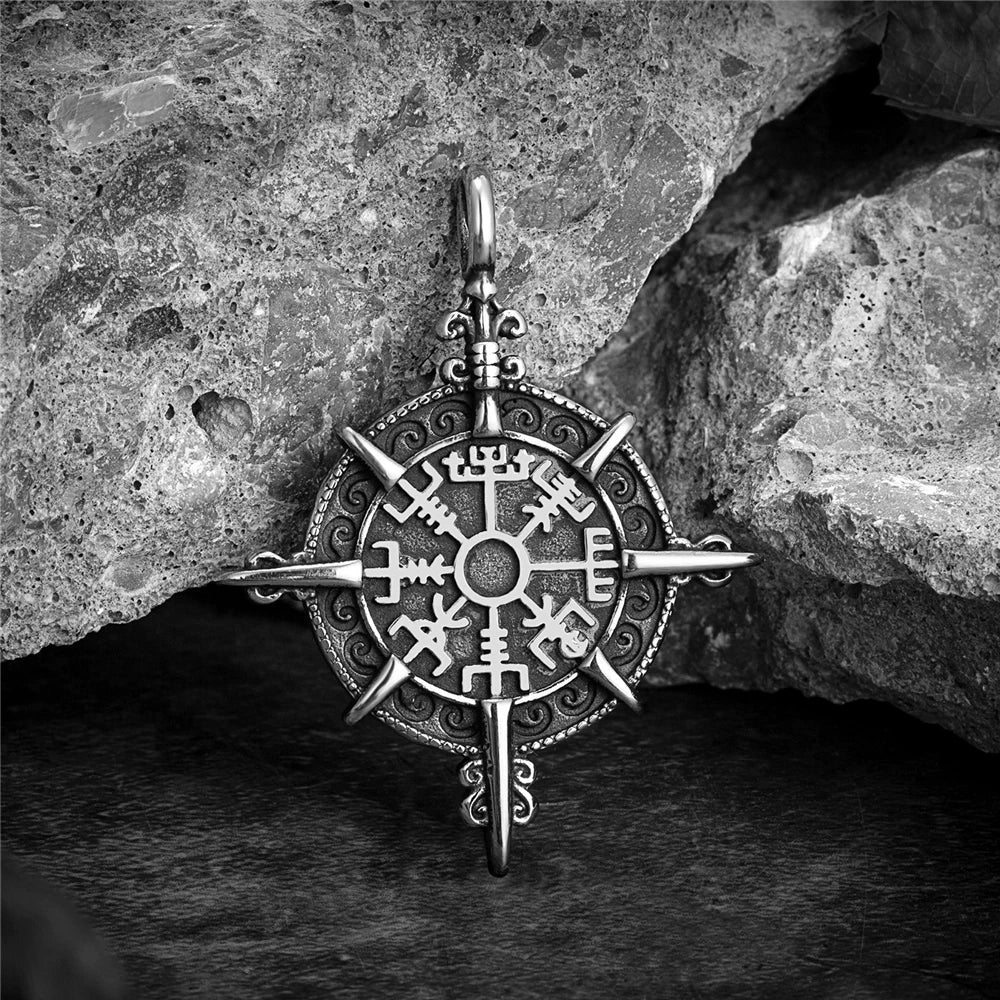 Mens Viking Compass Necklaces Stainless Steel Double-sided Norse Runes Trident Pendant With Genuine Leather Chain