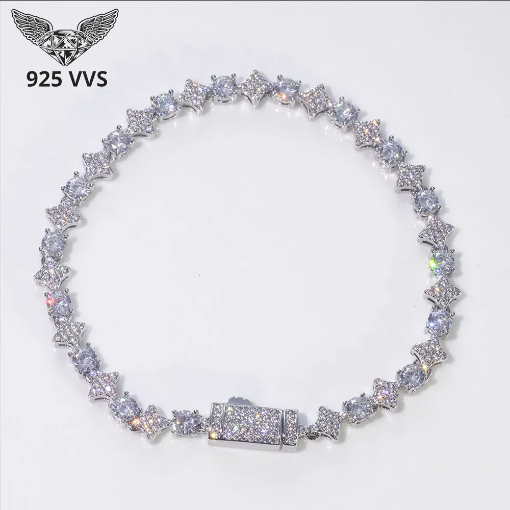 925 VVS Moissanite Star Chain Bracelet Hip Hop Jewelry Bling Iced Out Tennis Cross Bracelet Sterling Silver with GRA 7/8inch