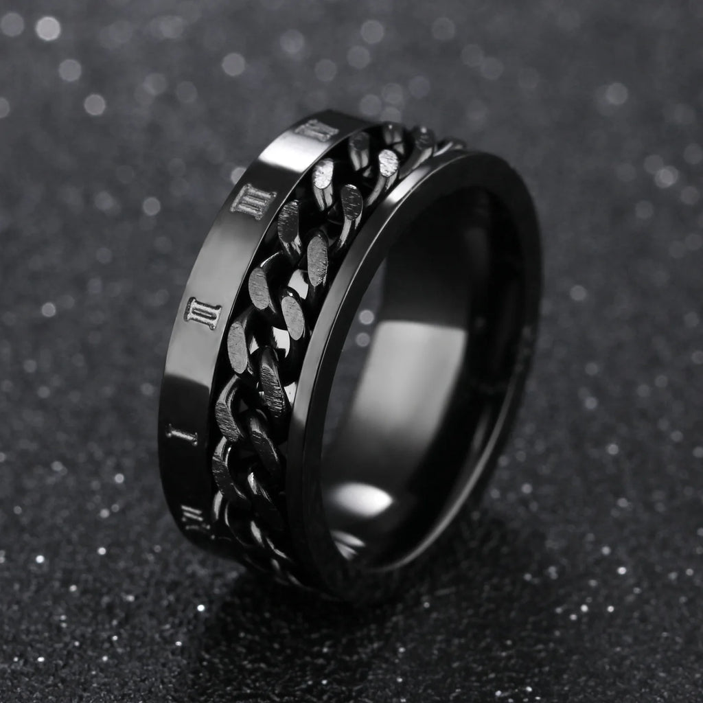 Roman Numerals Stainless Steel Chain Rotating Anxiety Black Rings For Men Fidget Metal Spinner Knuckle Ring Anillos De