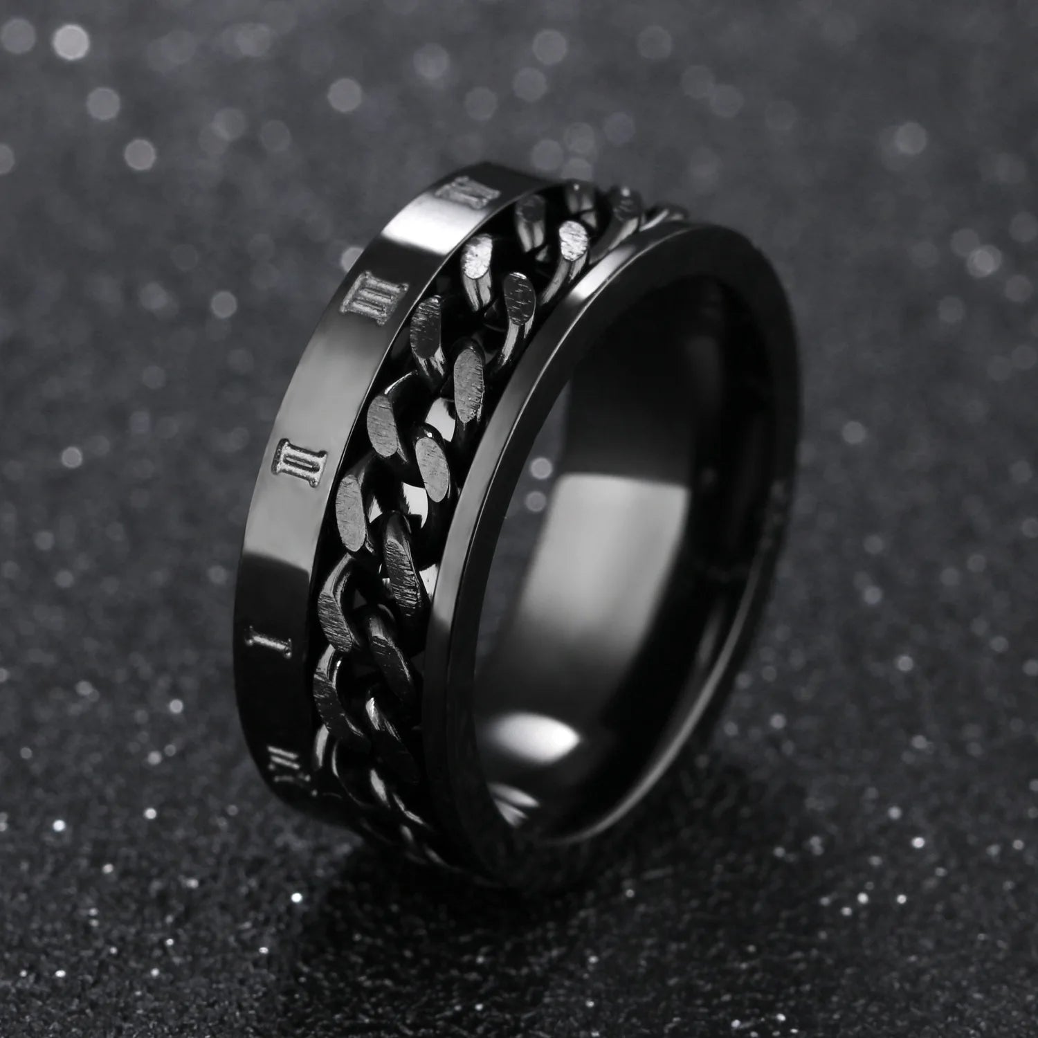 Roman Numerals Stainless Steel Chain Rotating Anxiety Black Rings For Men Fidget Metal Spinner Knuckle Ring Anillos De