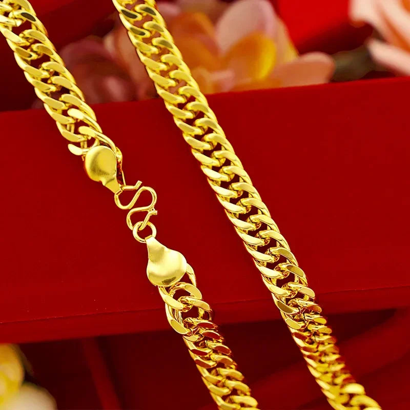 Luxury AU999 24K Real Gold Men's Flat Chain Boss Necklace Simple Generous and Domineering Necklaces for Men