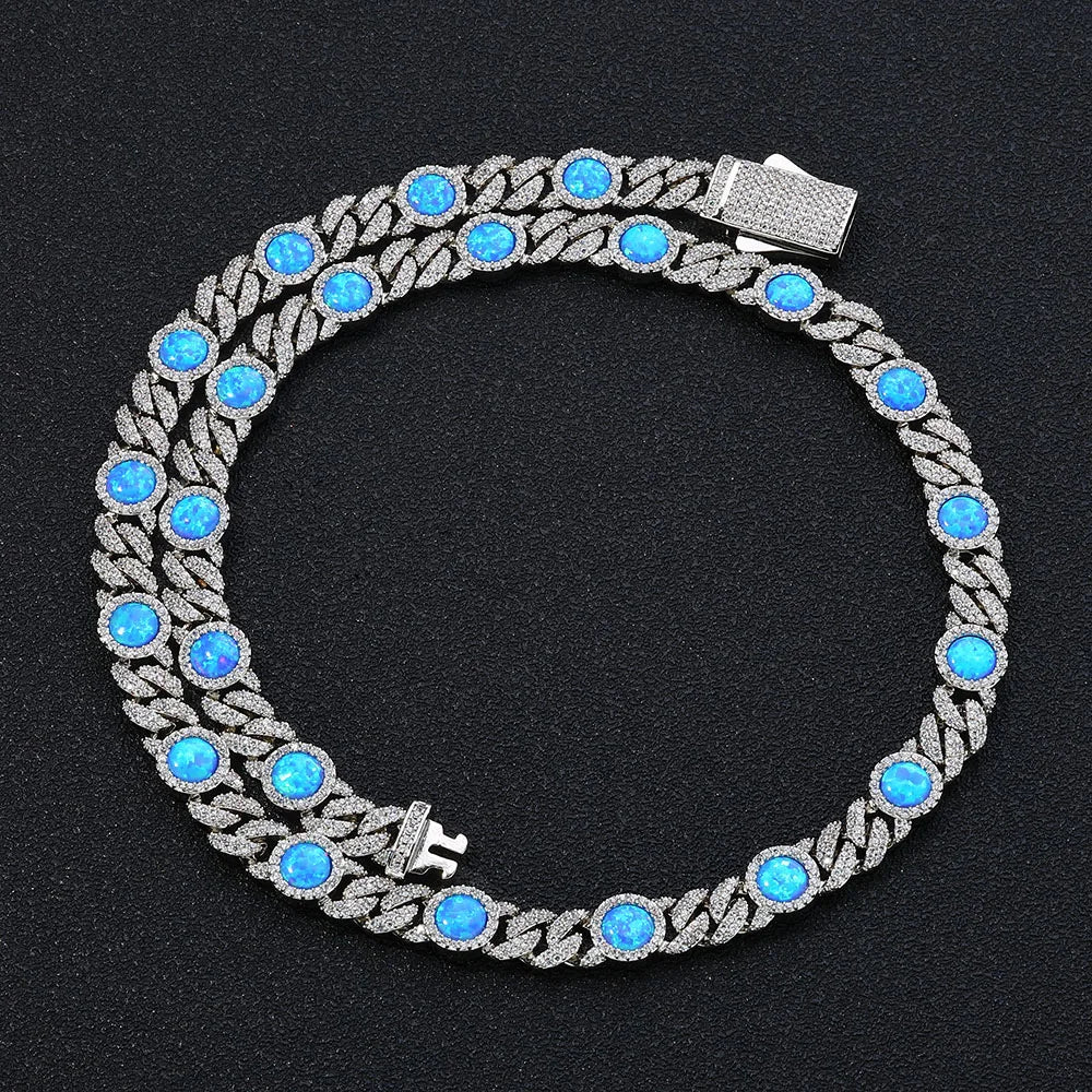 Cuban Iced Out Gold Necklace Blue Opal CZ