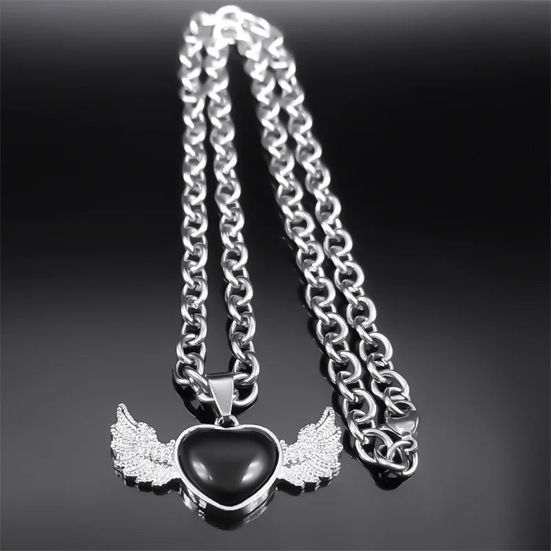Gothic Heart Angel Wings Pendant — Black SS
