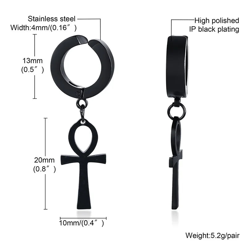 Ankh Cross Huggie Hoop Earrings — Stainless Steel