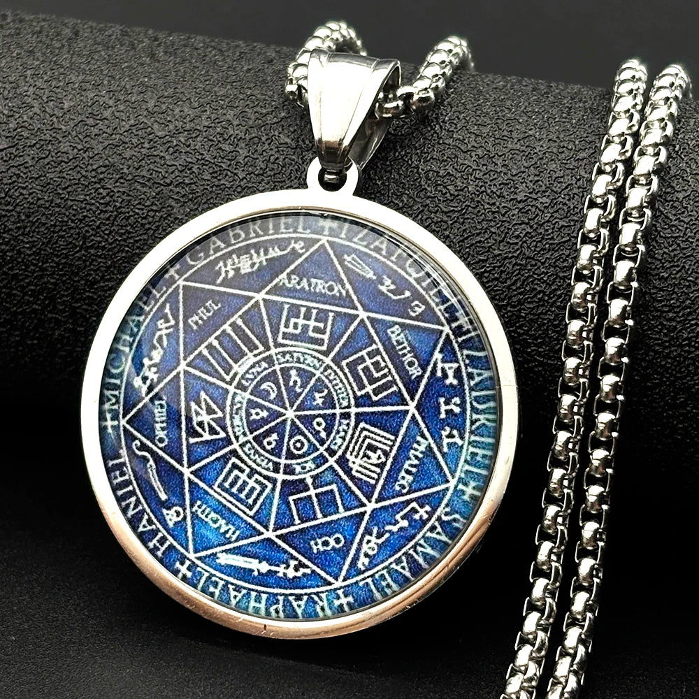 Seven Archangels Glass Medal Angel Pendant Necklace for Women Men Stainless Steel Seal of Solomon Protection Chain