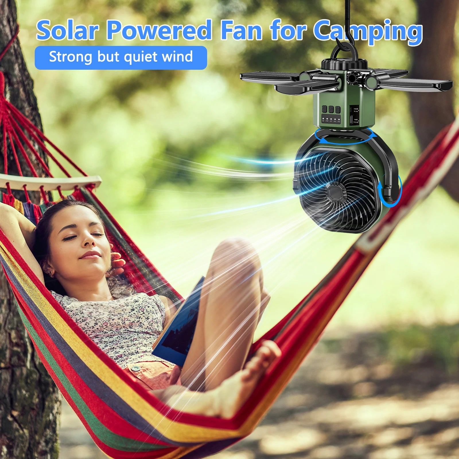 Eary Solar Powered Fan 6000mAh Battery Operated 4 Speed Wind With Led Light Outdoor Tent Fans for Camping Essentials